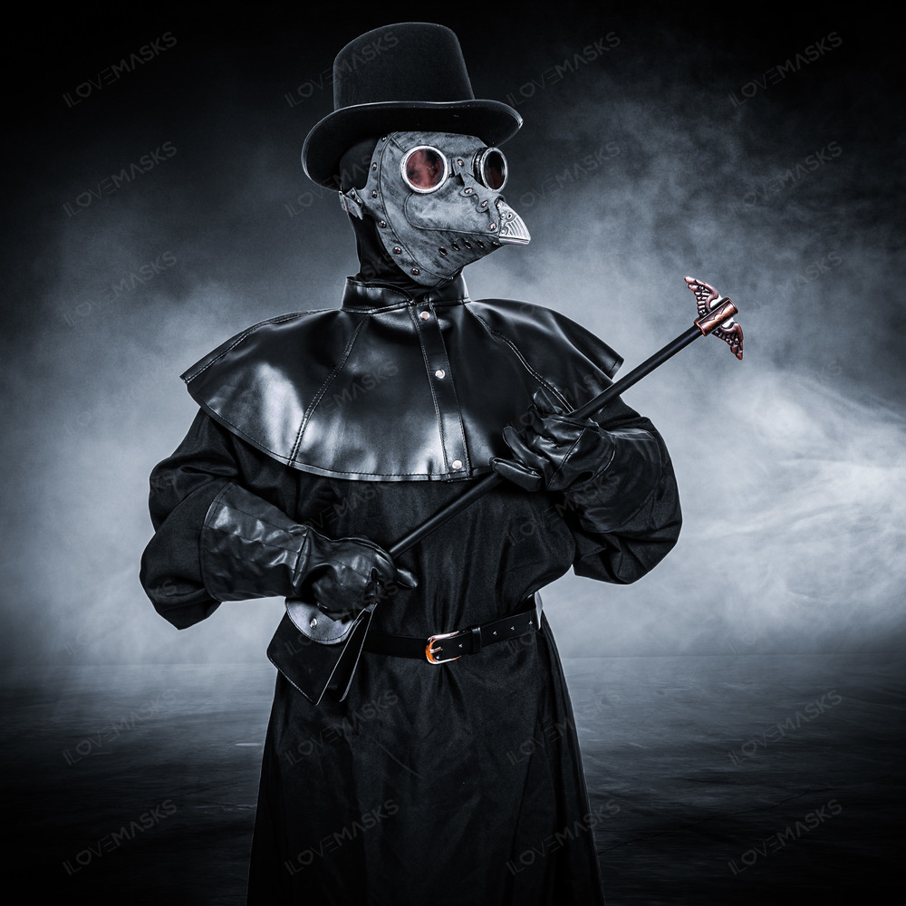 Plague Doctor with Bird Beak Mask & Top Hat Full Costume Set - Grey Silver